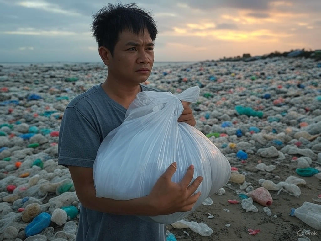 Một người ôm túi nhựa